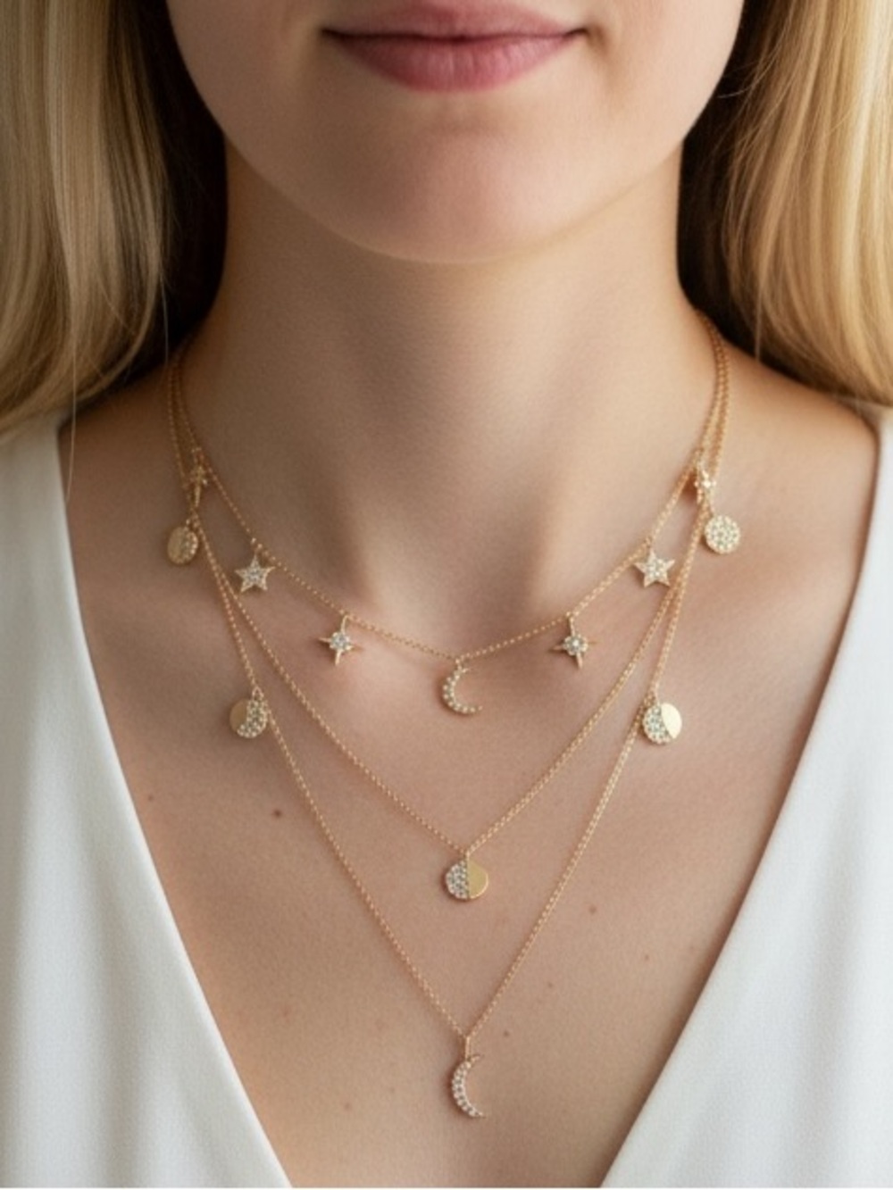 Boho Moon Phases Layered Star Diamond Necklace - Picture 3 of 5